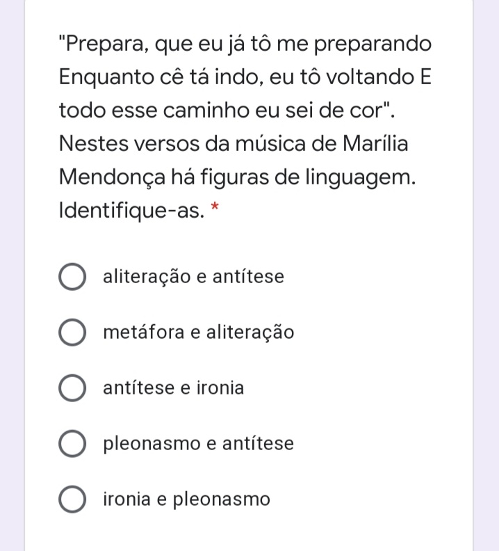 Indique as figuras de linguagem Português