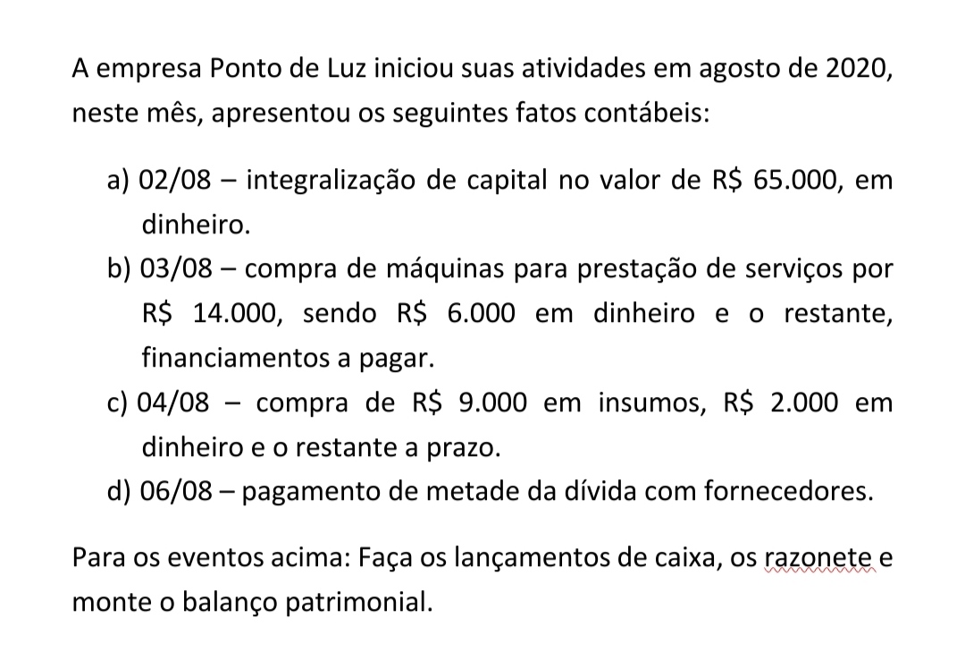 Fazer os lançamentos de caixa razonetes e balanço patrimonial