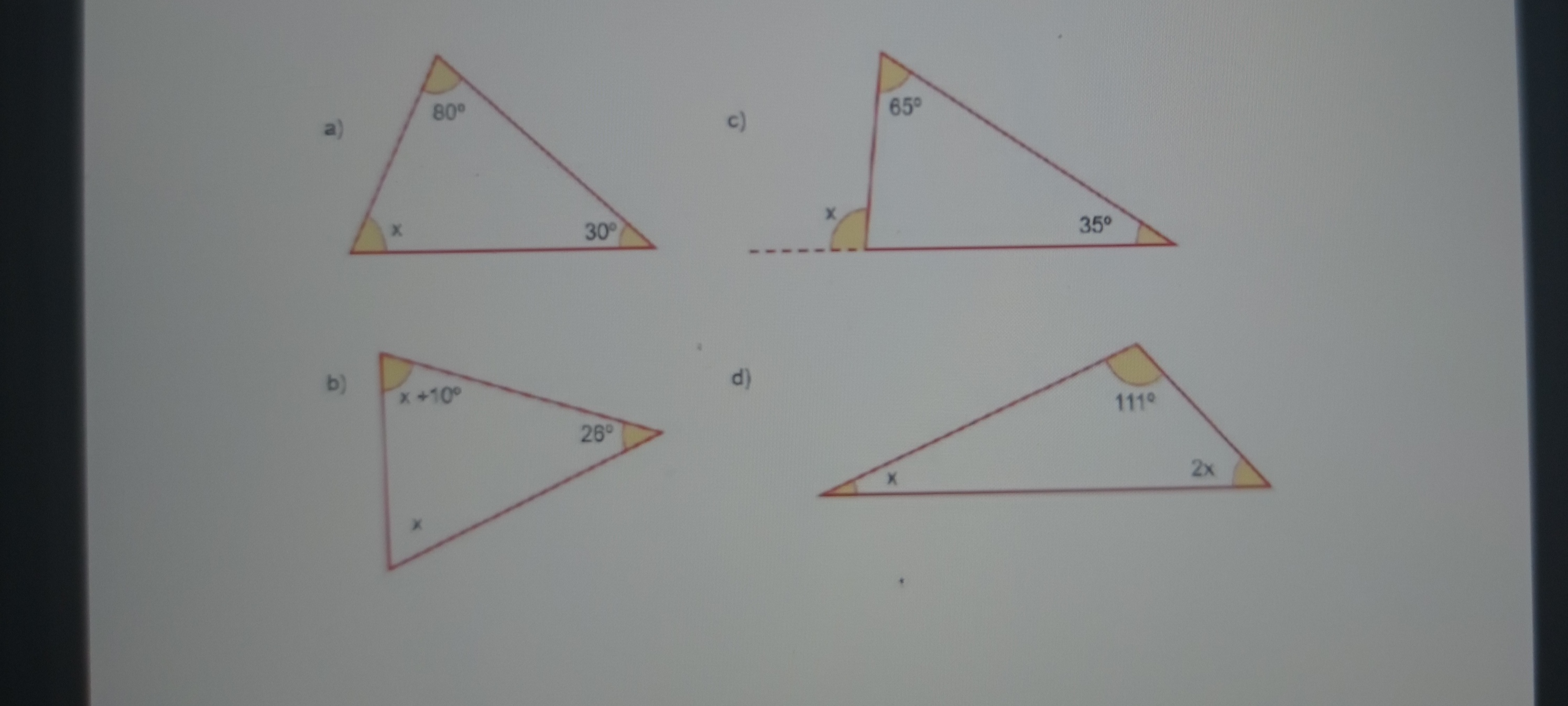 Qual o valor do ângulo x. Sabendo que a soma dos ângulos internos de um  triângulo é igual a 180° * X = 